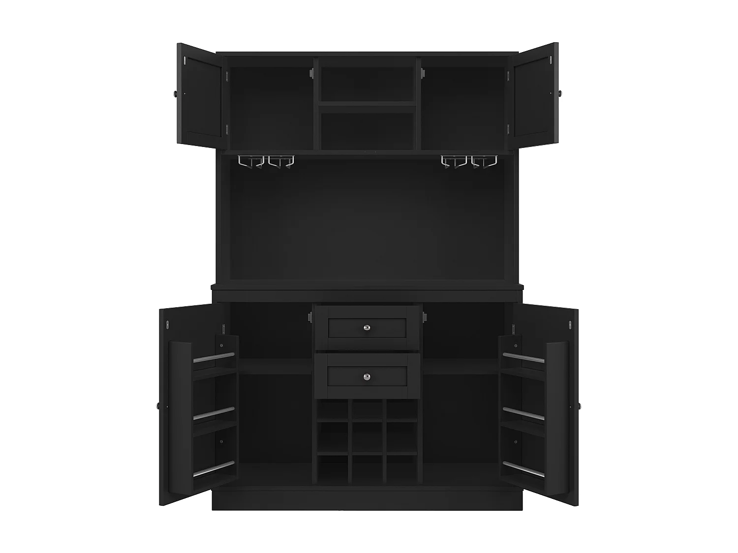 Buffet de cuisine - 4 portes et 2 tiroirs - Étagères et casiers à vin réglables - Noir