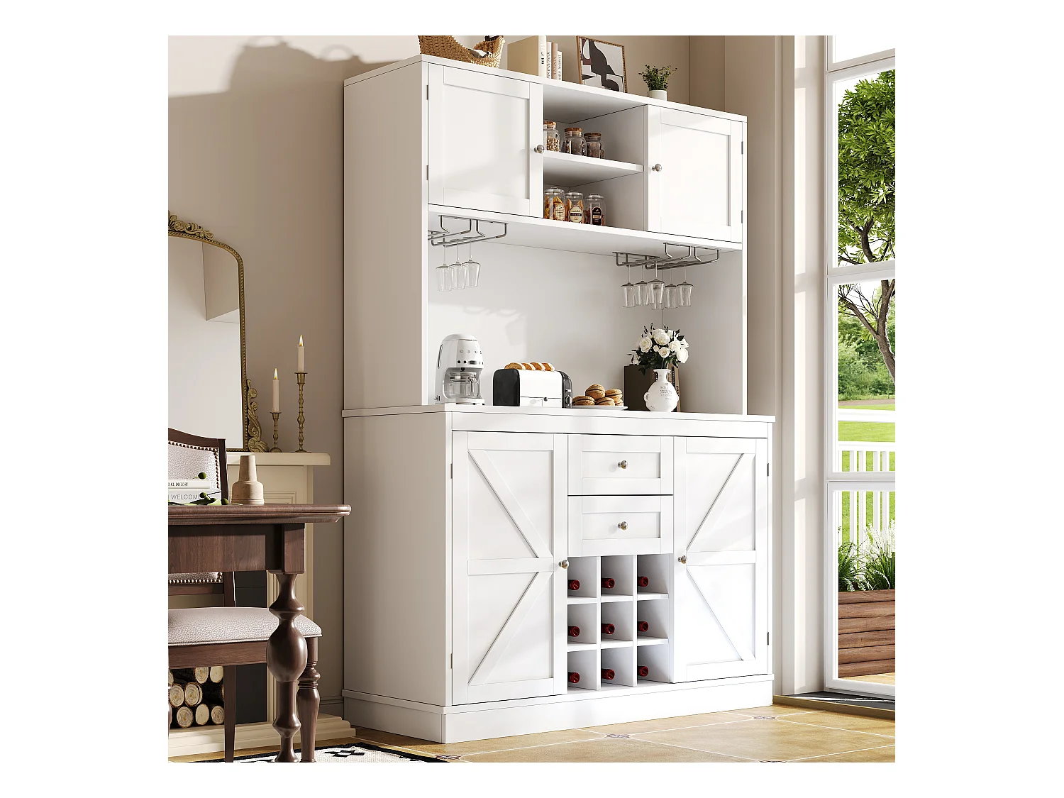 Buffet de cozinha - 4 portas e 2 gavetas - Prateleiras e garrafeiras ajustáveis - Branco