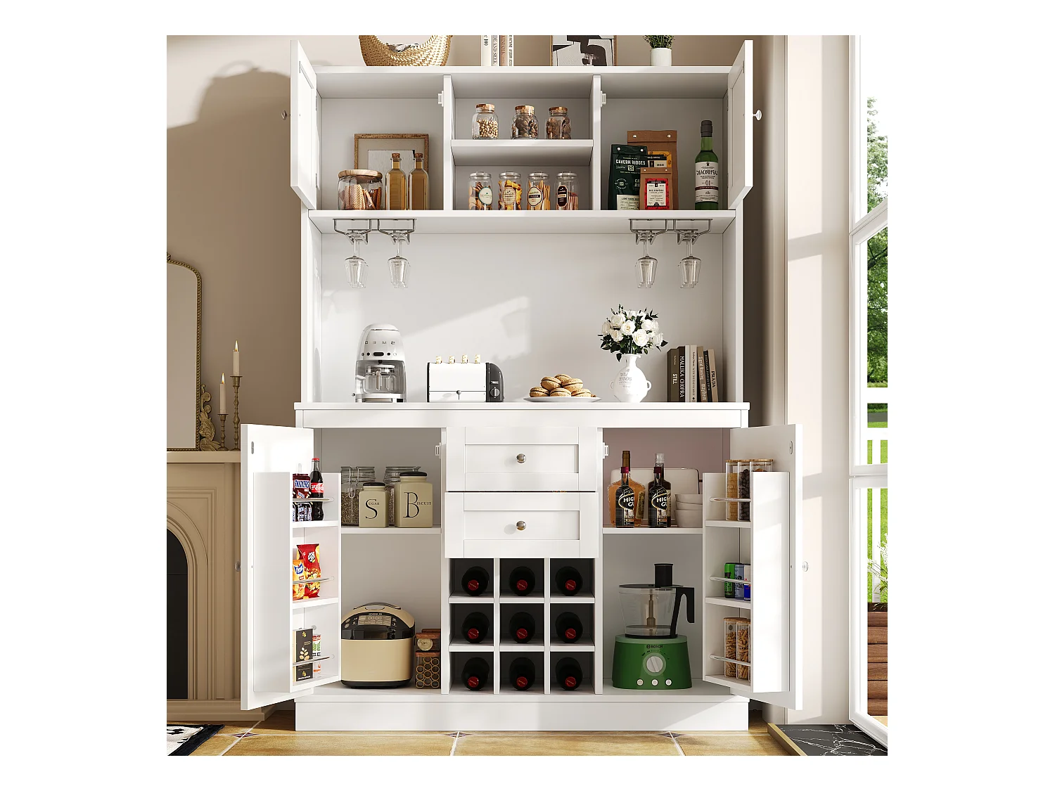 Buffet de cozinha - 4 portas e 2 gavetas - Prateleiras e garrafeiras ajustáveis - Branco