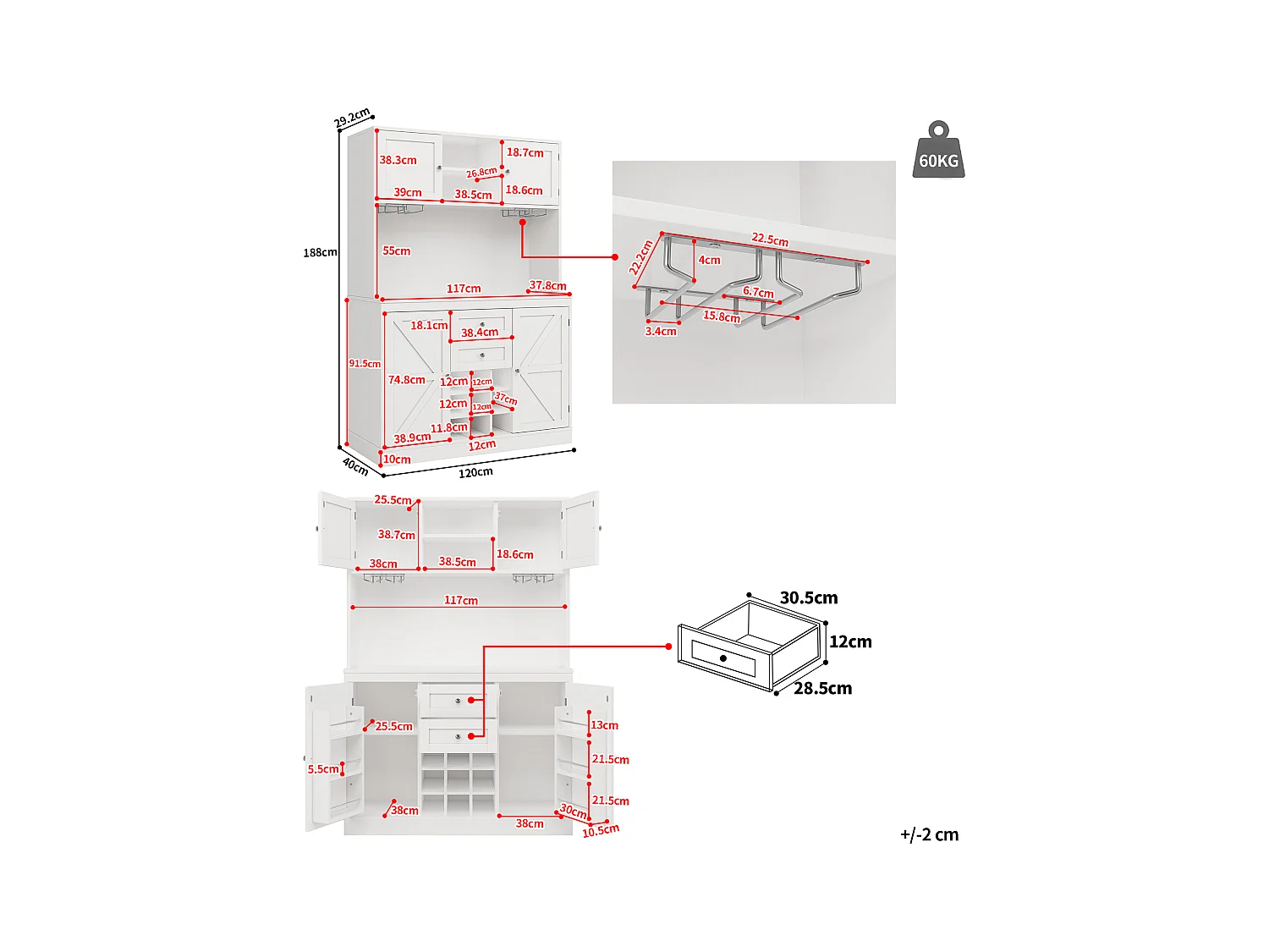 Buffet de cozinha - 4 portas e 2 gavetas - Prateleiras e garrafeiras ajustáveis - Branco