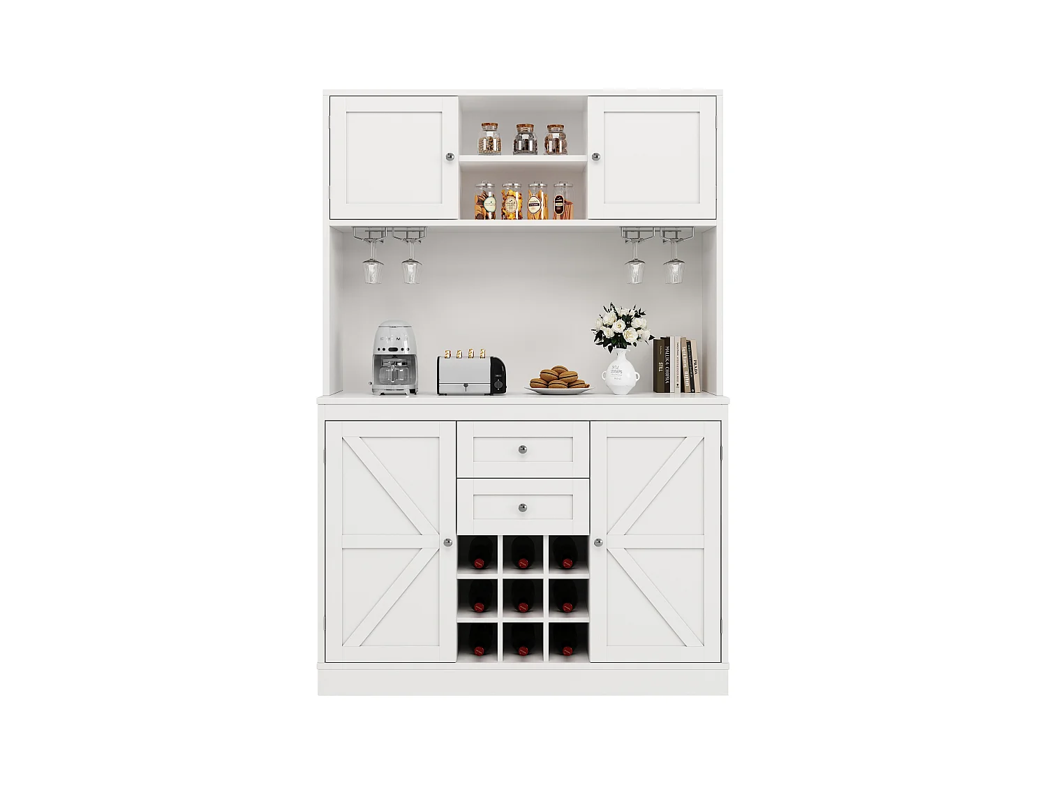 Buffet de cozinha - 4 portas e 2 gavetas - Prateleiras e garrafeiras ajustáveis - Branco