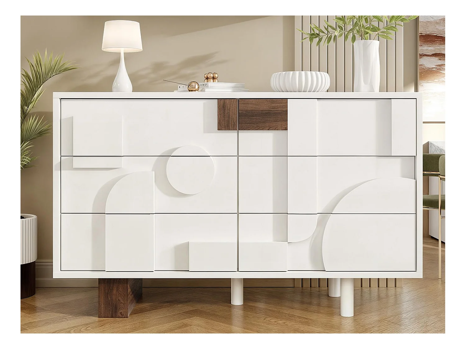 Buffet moderno - con 6 cassetti senza maniglie - Motivi geometrici - MDF - bianco
