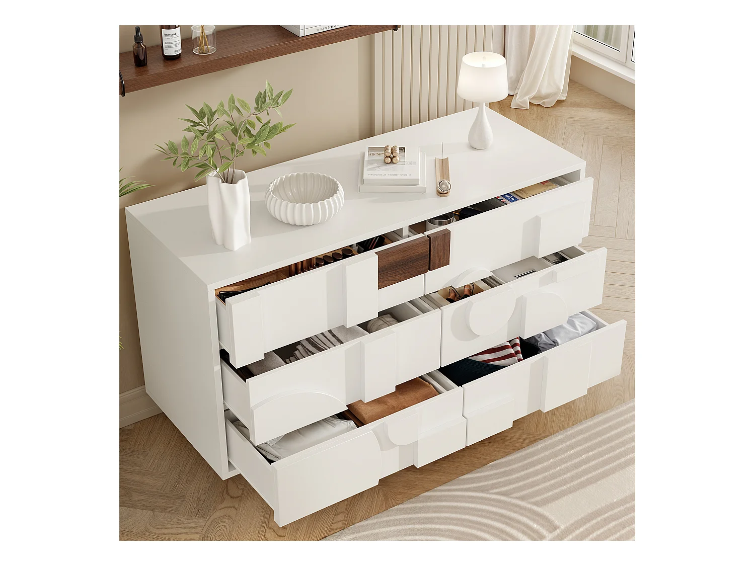 Buffet moderno - con 6 cassetti senza maniglie - Motivi geometrici - MDF - bianco