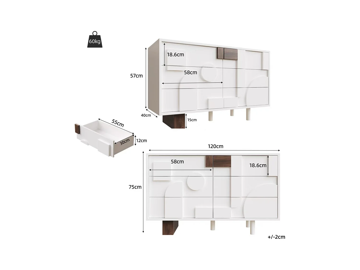 Buffet moderno - con 6 cassetti senza maniglie - Motivi geometrici - MDF - bianco