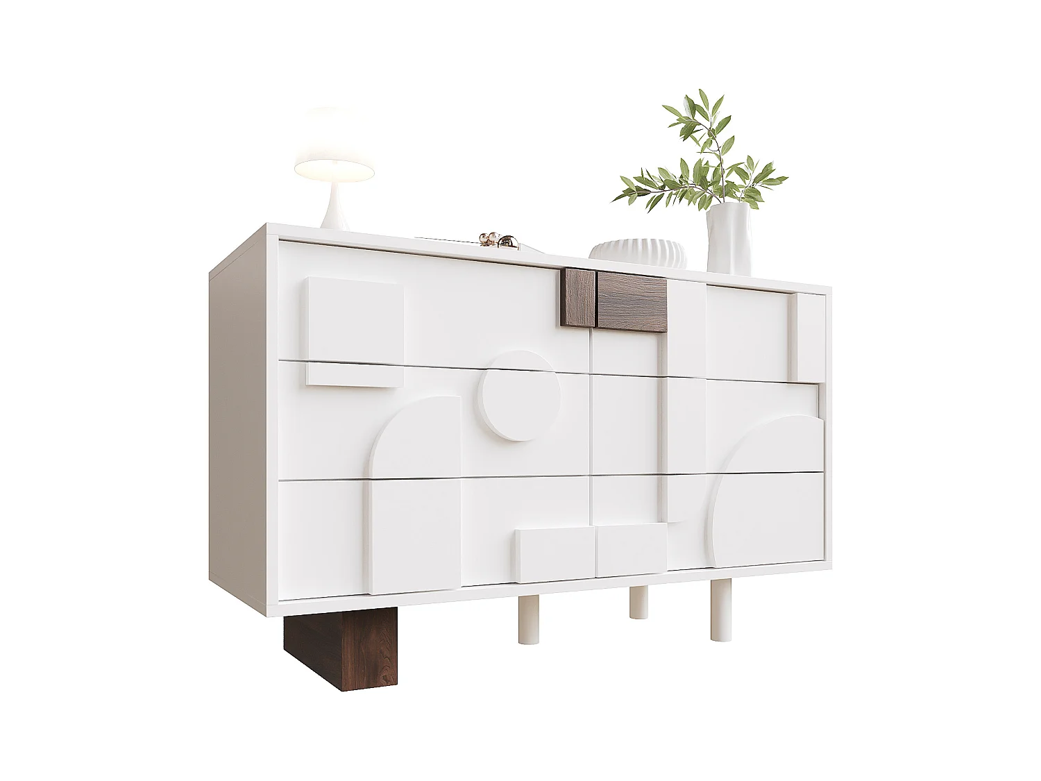 Buffet moderno - con 6 cassetti senza maniglie - Motivi geometrici - MDF - bianco