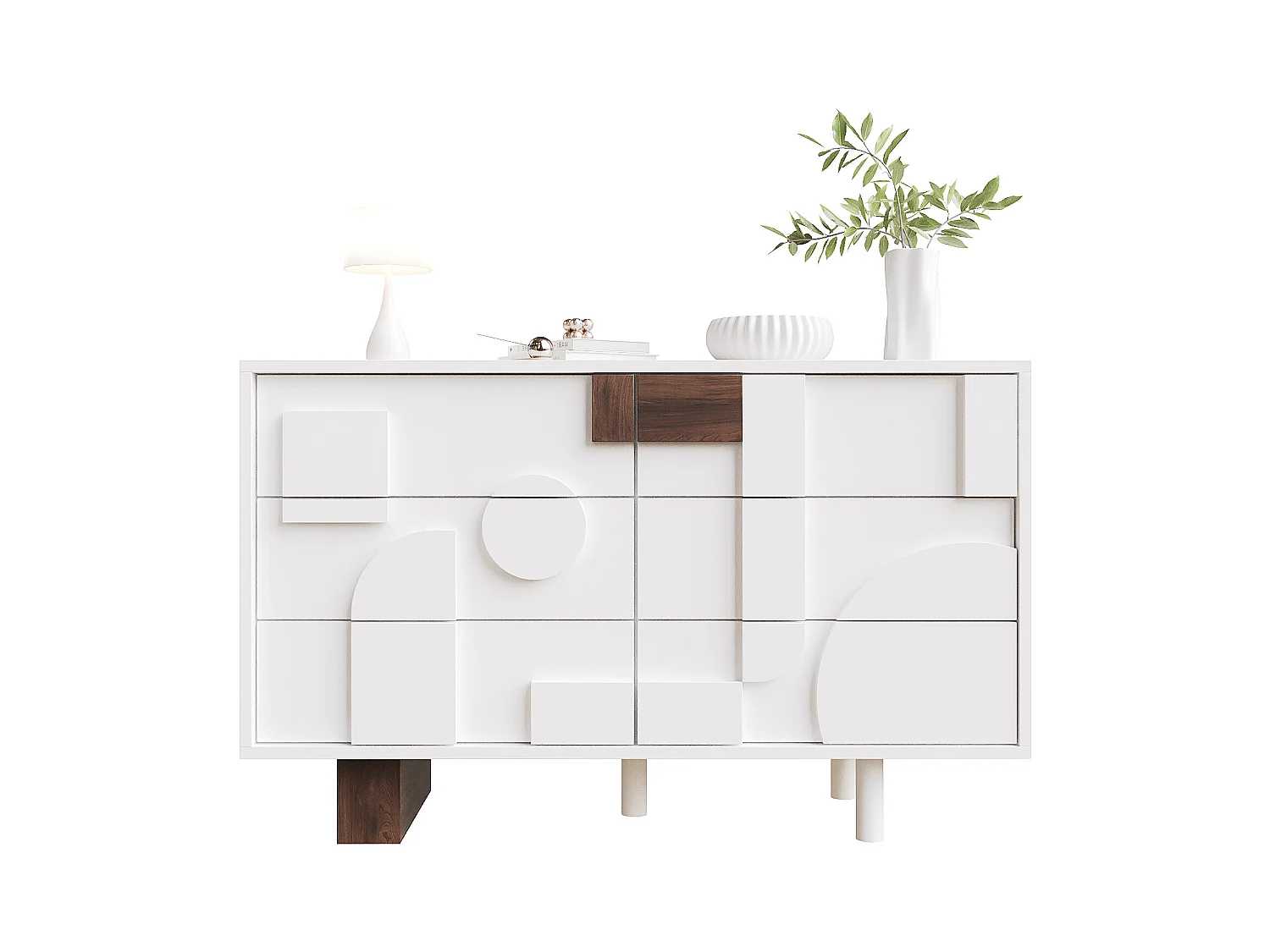 Buffet moderno - con 6 cassetti senza maniglie - Motivi geometrici - MDF - bianco