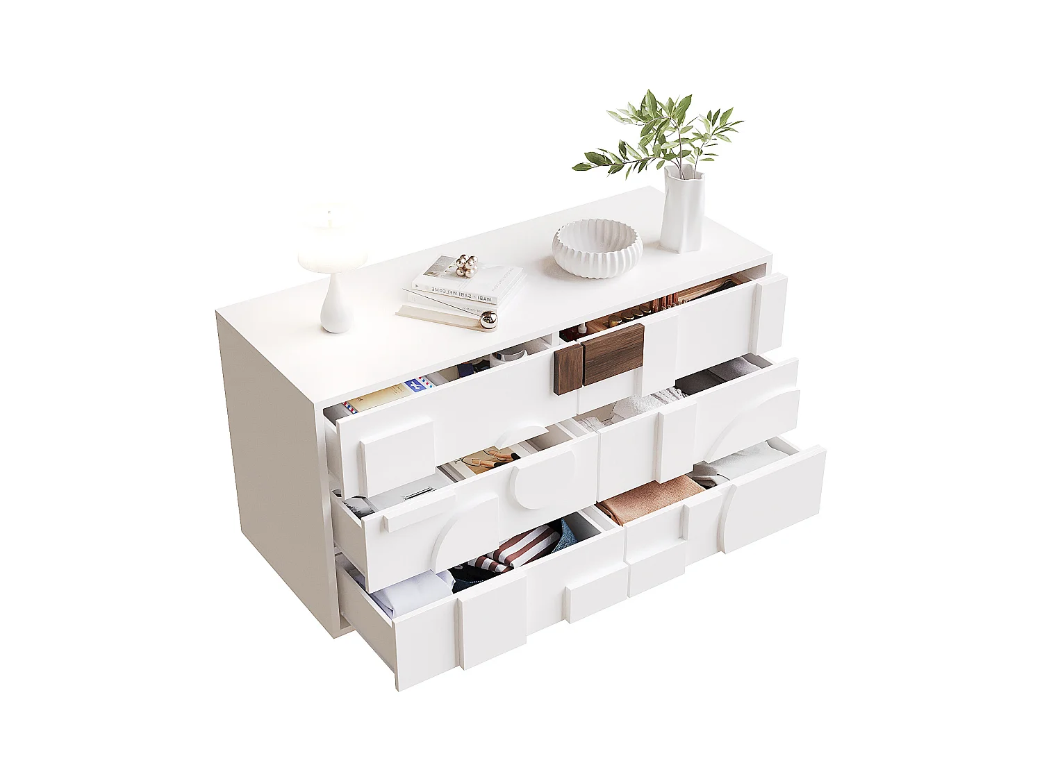 Buffet moderno - con 6 cassetti senza maniglie - Motivi geometrici - MDF - bianco