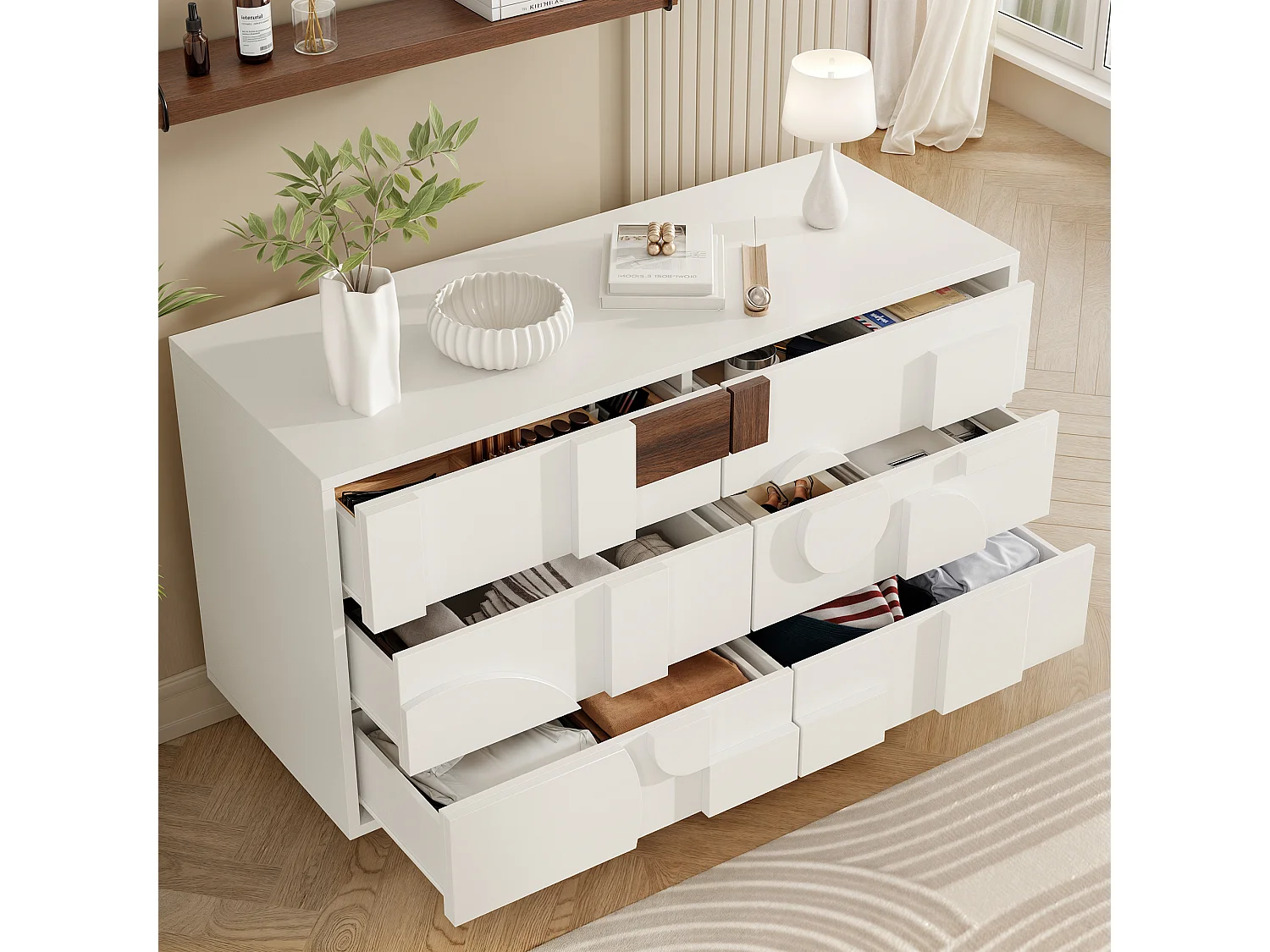 Buffet moderno - con 6 cajones sin tirador - Motivos geométricos - MDF - blanco