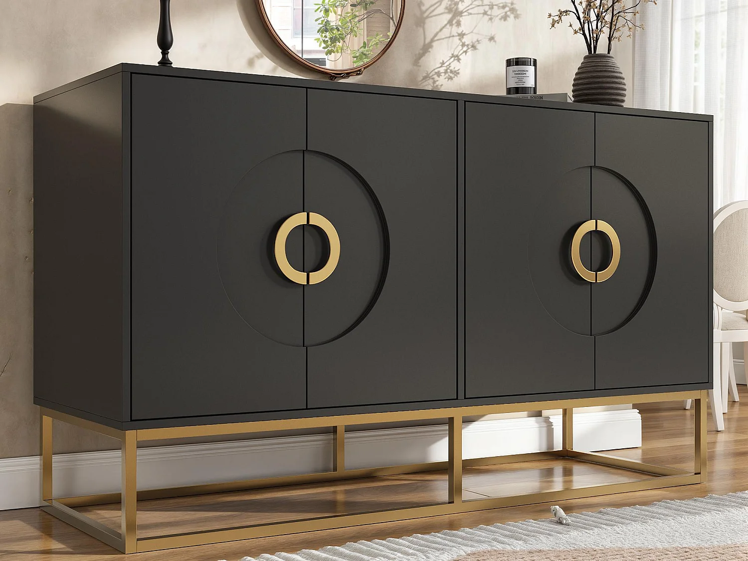 Buffet moderno 140x38,5x82,5 cm - 4 ante - Anelli di trazione rotondi - MDF - Nero