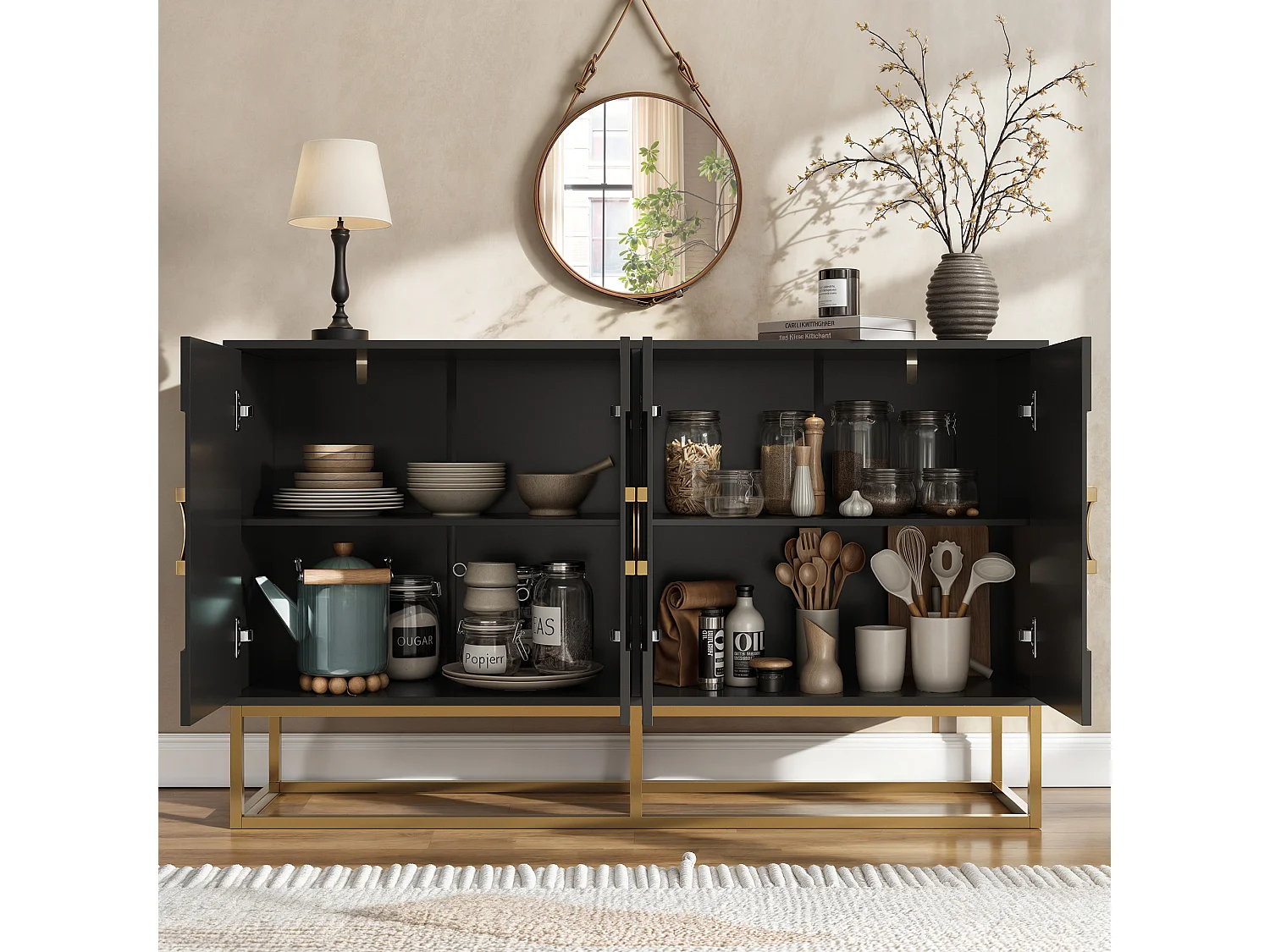 Buffet moderno 140x38,5x82,5 cm - 4 ante - Anelli di trazione rotondi - MDF - Nero