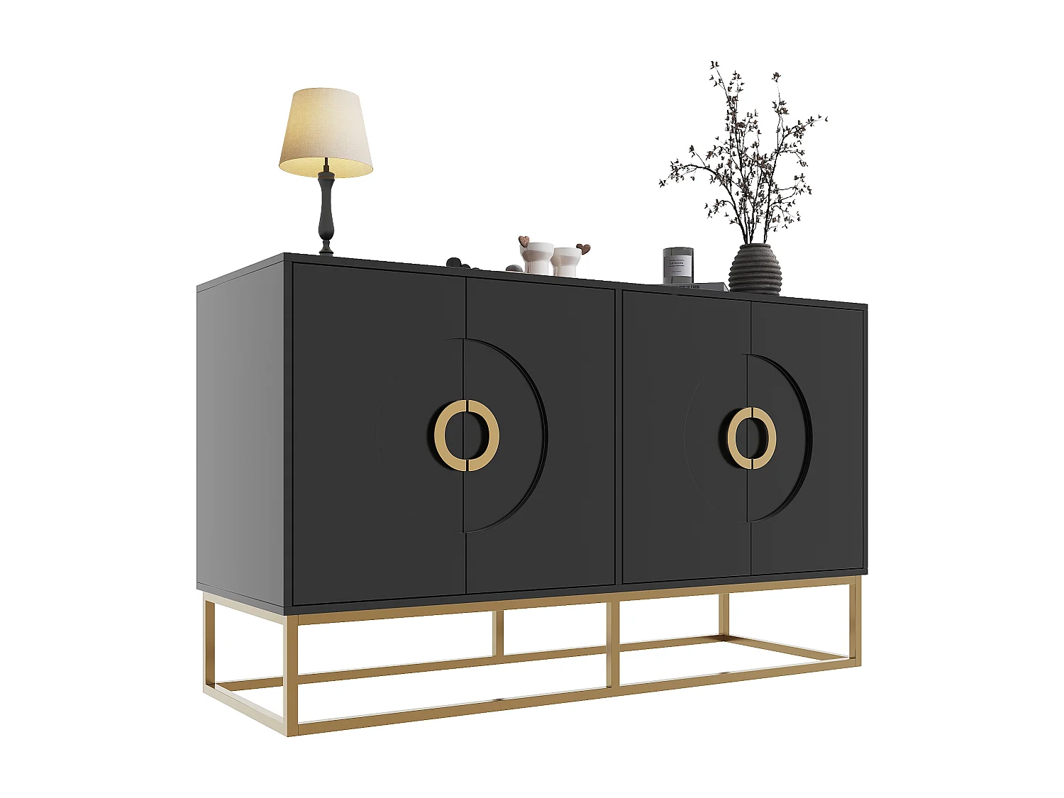 Buffet moderno 140x38,5x82,5 cm - 4 ante - Anelli di trazione rotondi - MDF - Nero