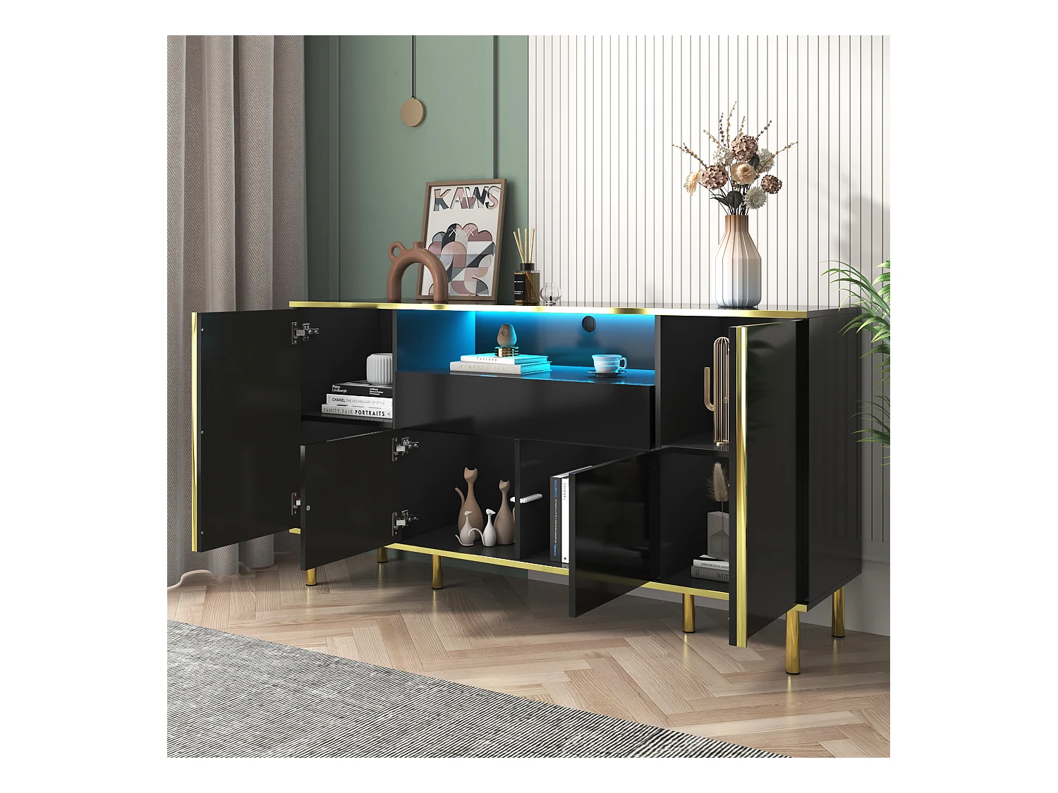Buffet 150x40x80 cm - met 1 lade - met 4 deuren - zwart
