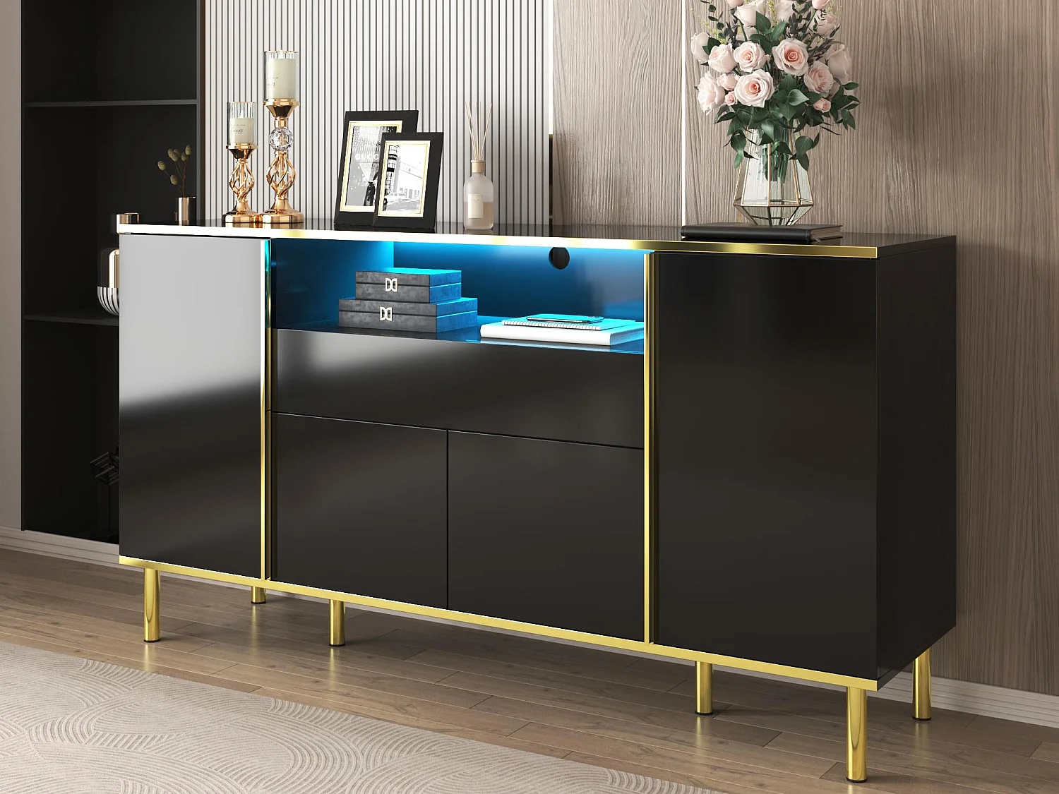Buffet 150x40x80 cm - avec 1 tiroir - avec 4 portes - noir