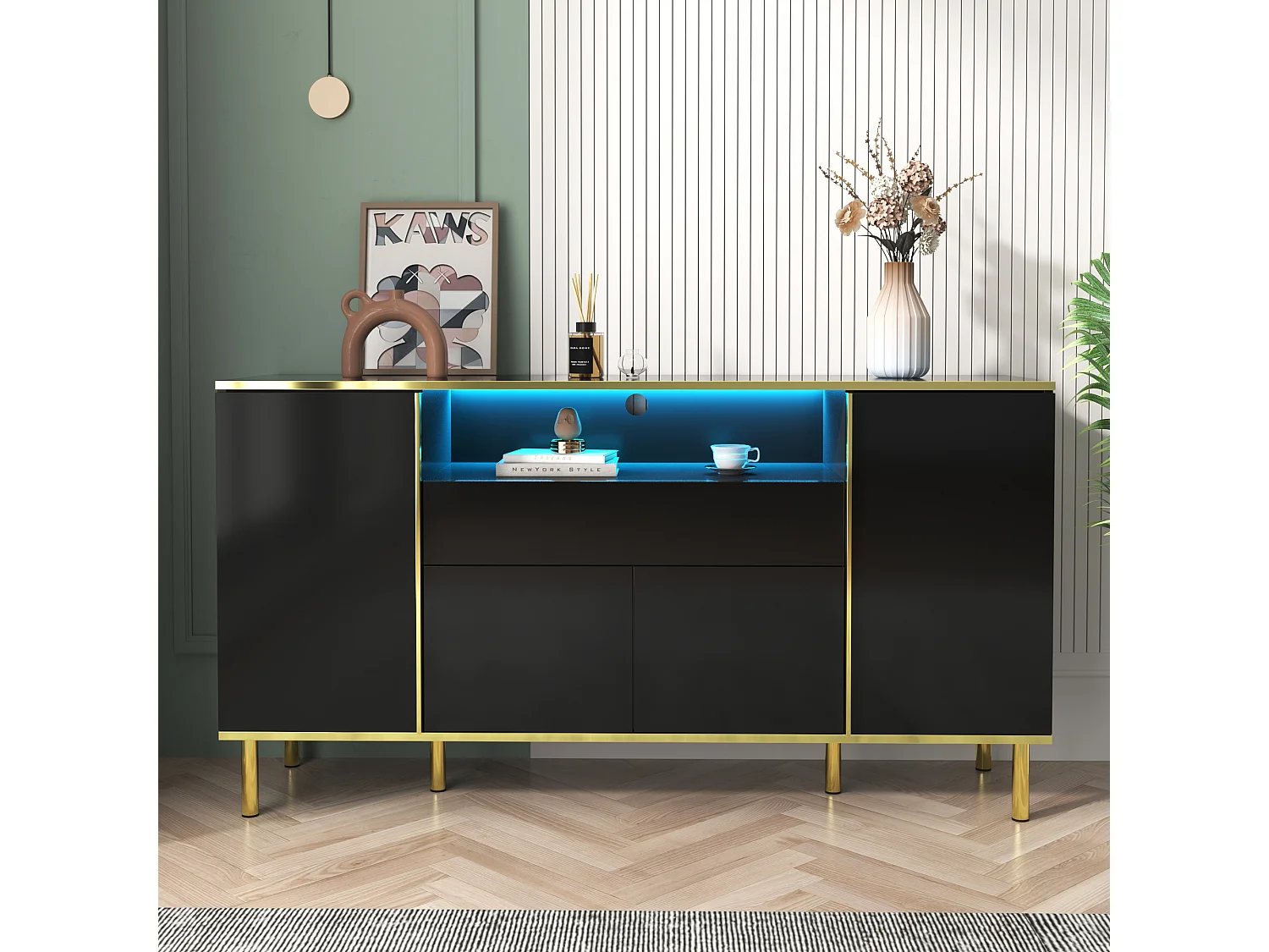 Buffet 150x40x80 cm - avec 1 tiroir - avec 4 portes - noir