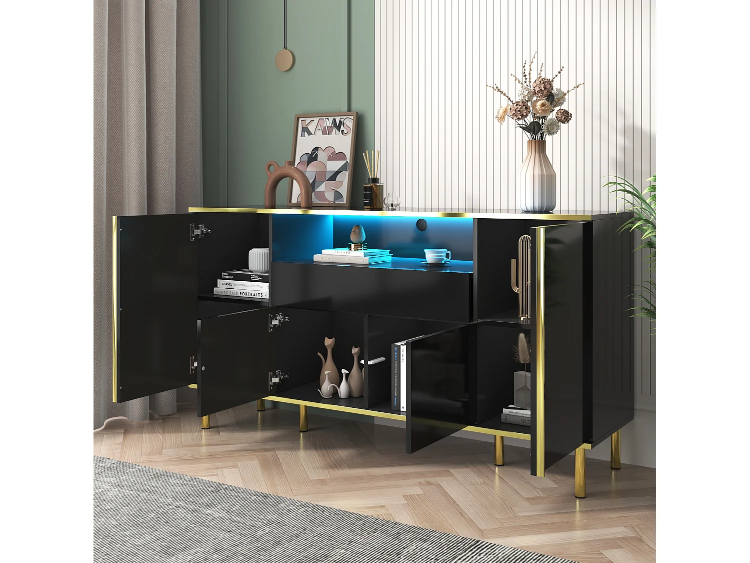 Buffet 150x40x80 cm - avec 1 tiroir - avec 4 portes - noir