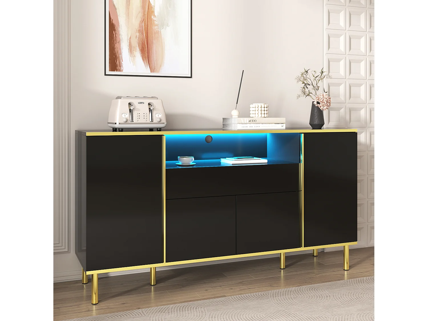 Buffet 150x40x80 cm - avec 1 tiroir - avec 4 portes - noir