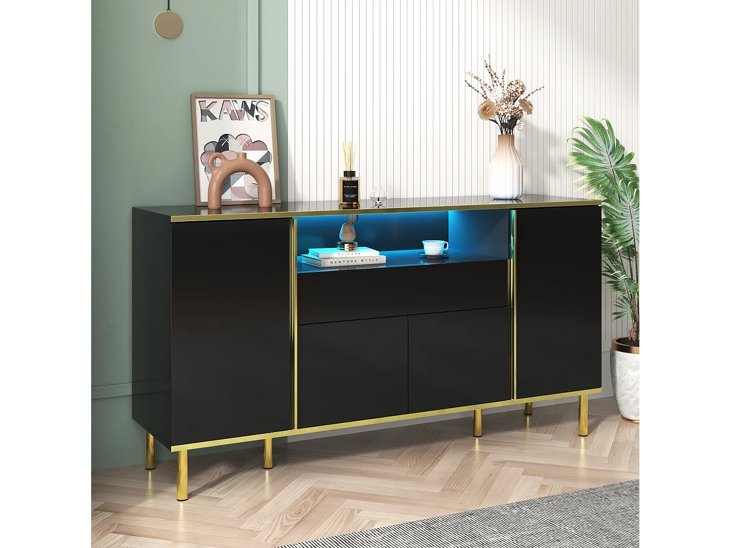 Buffet 150x40x80 cm - avec 1 tiroir - avec 4 portes - noir