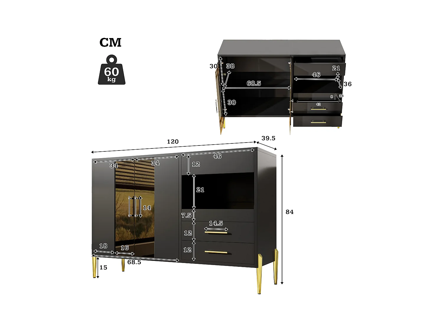 Buffet moderno - 2 ante a vetro e 3 cassetti - Scaffali aperti - MDF - Nero