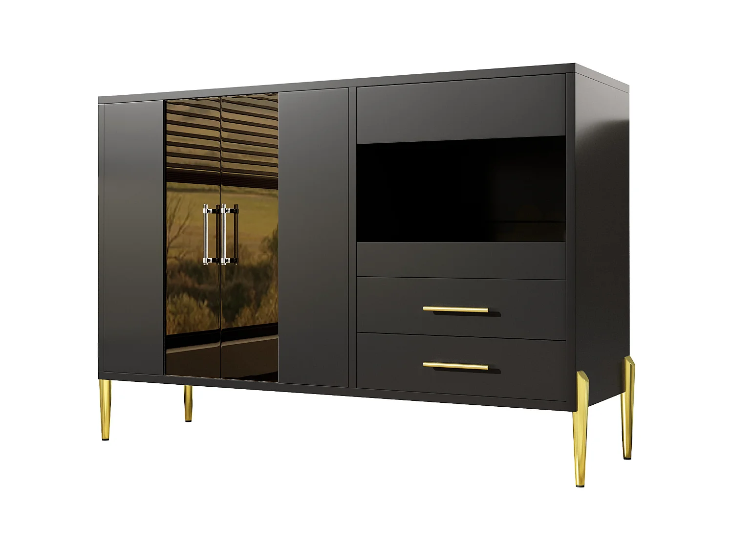 Buffet moderno - 2 ante a vetro e 3 cassetti - Scaffali aperti - MDF - Nero