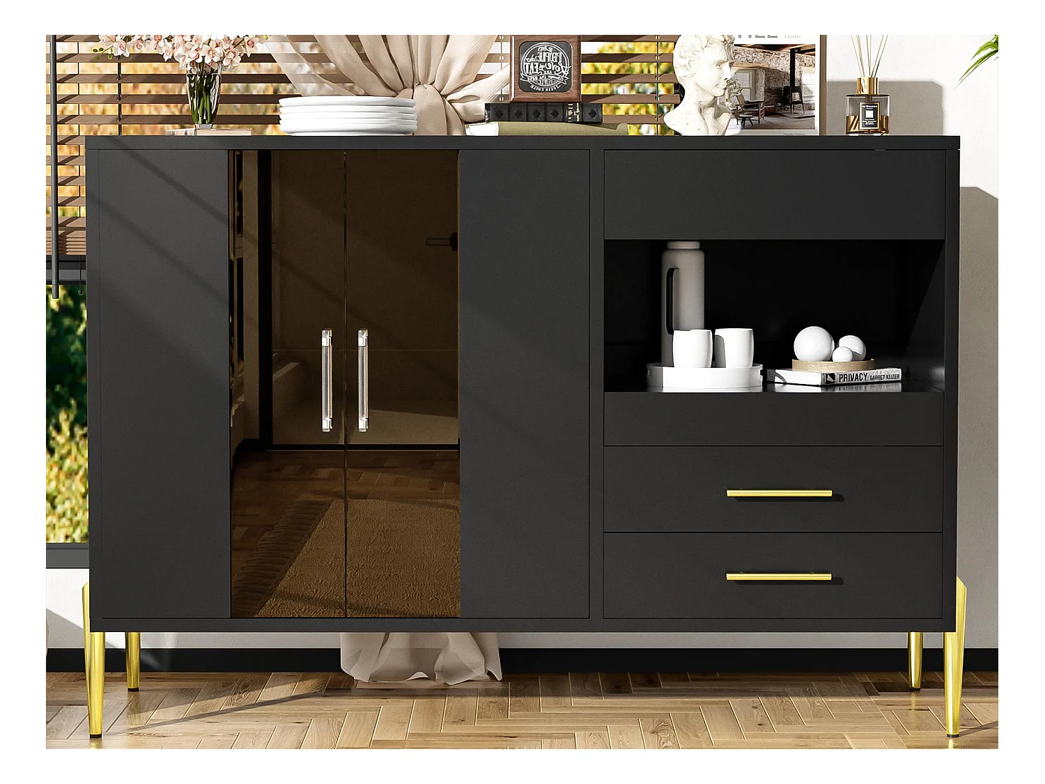 Buffet moderne - 2 portes vitrées et 3 tiroirs - Étagères ouvertes - MDF - Noir