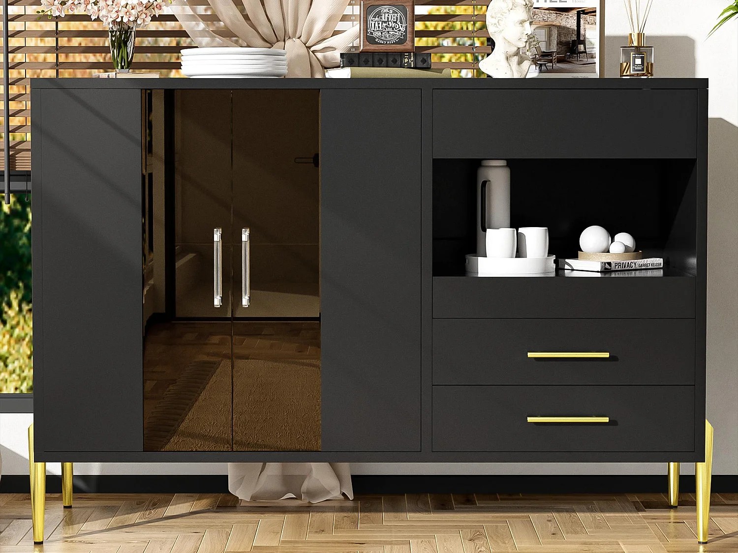 Moderne Anrichte - 2 Glastüren und 3 Schubladen - Offene Regale - MDF - Schwarz