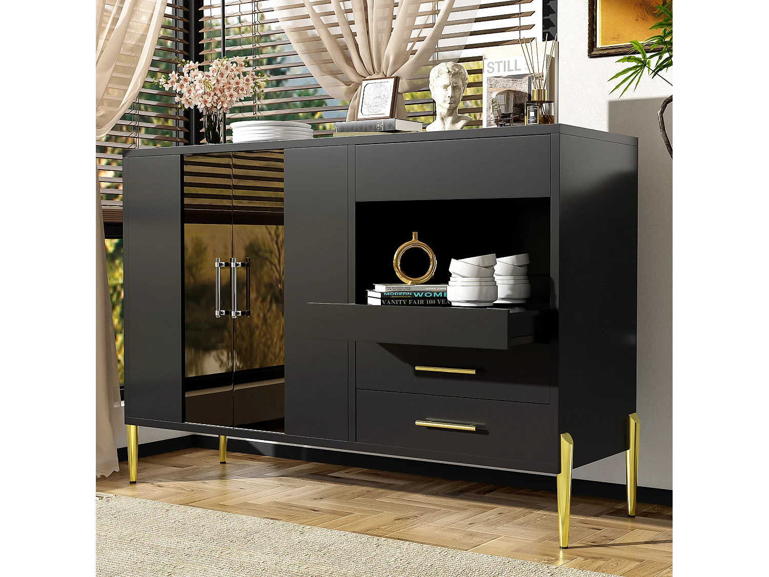 Moderne Anrichte - 2 Glastüren und 3 Schubladen - Offene Regale - MDF - Schwarz