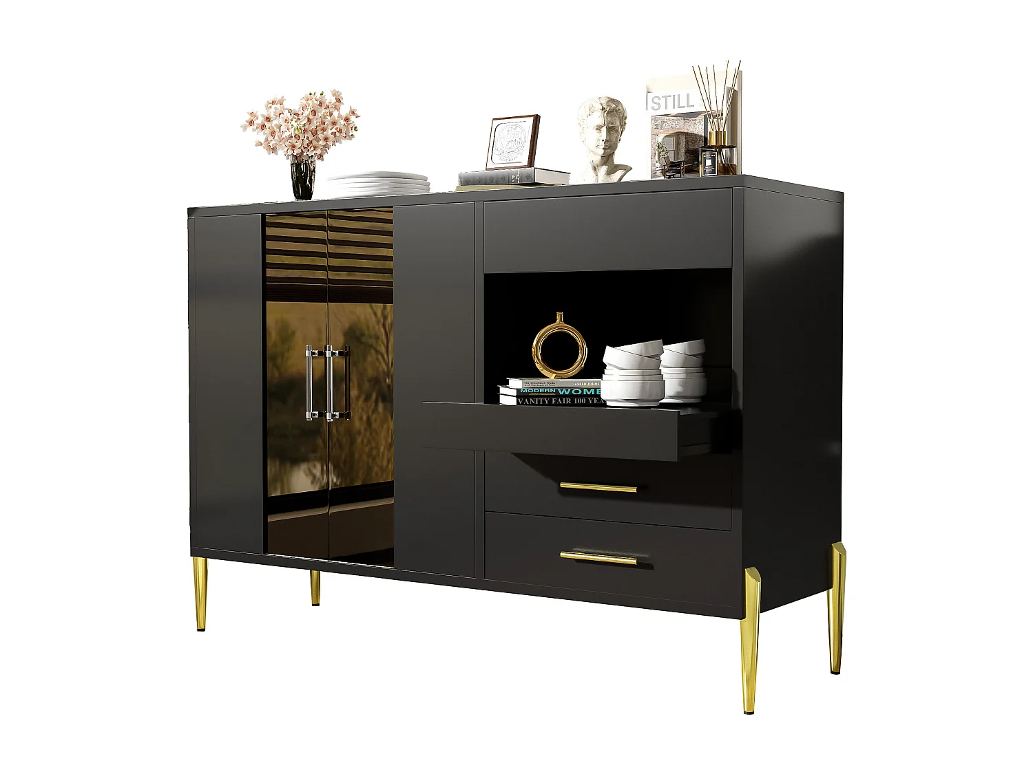 Moderne Anrichte - 2 Glastüren und 3 Schubladen - Offene Regale - MDF - Schwarz