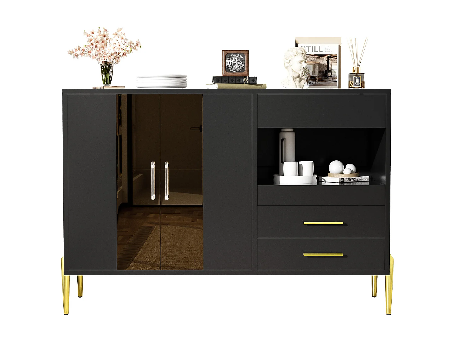 Moderne Anrichte - 2 Glastüren und 3 Schubladen - Offene Regale - MDF - Schwarz