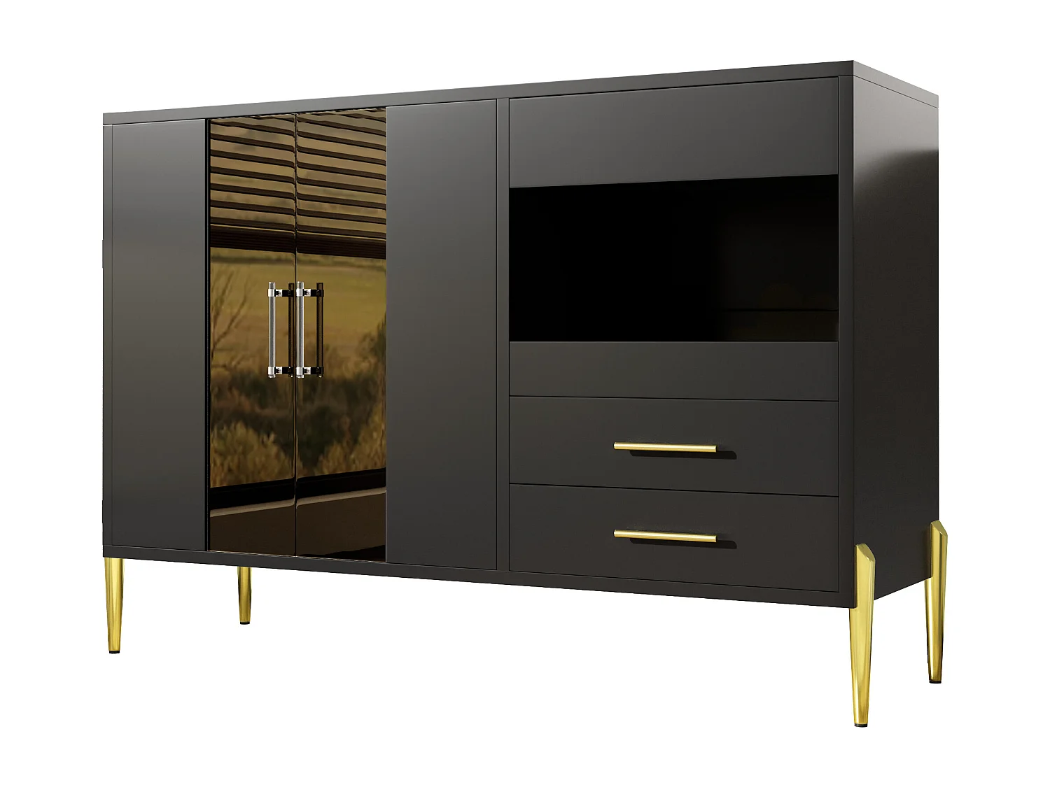 Moderne Anrichte - 2 Glastüren und 3 Schubladen - Offene Regale - MDF - Schwarz