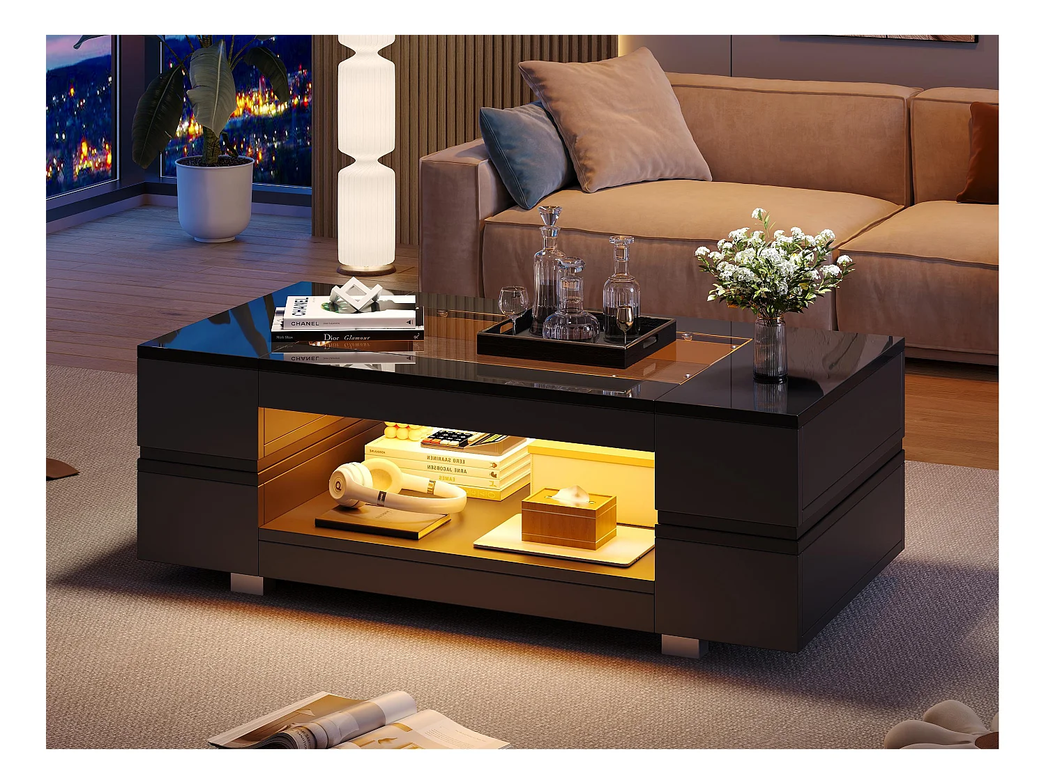 Table basse 100x50x35cm - avec éclairage LED - nombreux rangements - noir