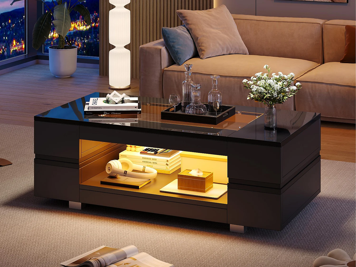 Table basse 100x50x35cm - avec éclairage LED - nombreux rangements - noir