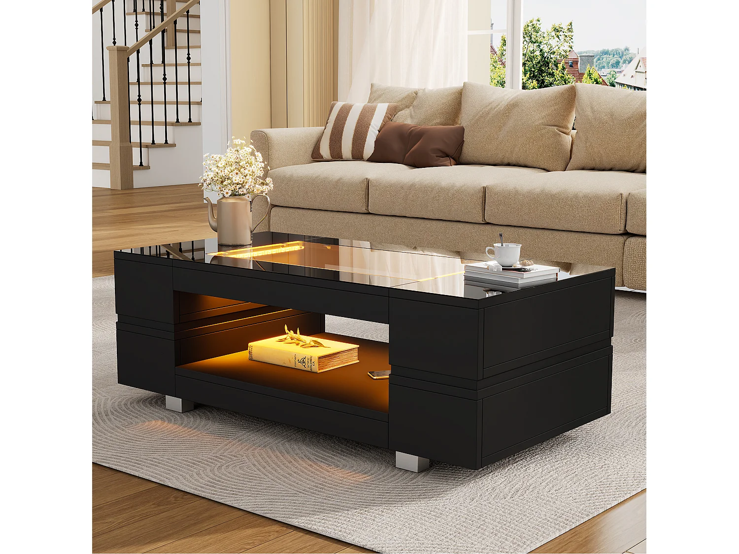 Table basse 100x50x35cm - avec éclairage LED - nombreux rangements - noir