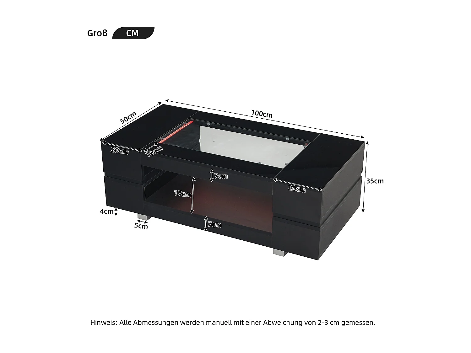 Table basse 100x50x35cm - avec éclairage LED - nombreux rangements - noir