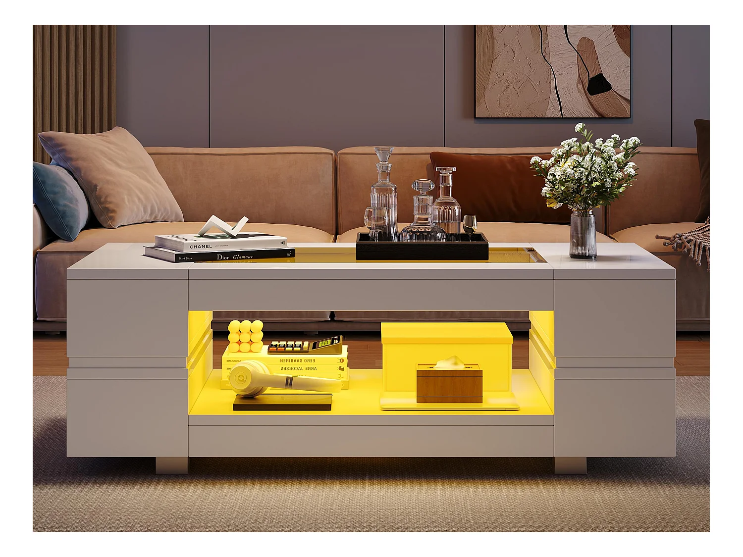 Table basse 100x50x35cm - avec éclairage LED - nombreux rangements - blanc