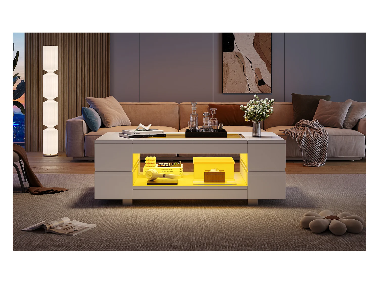 Table basse 100x50x35cm - avec éclairage LED - nombreux rangements - blanc