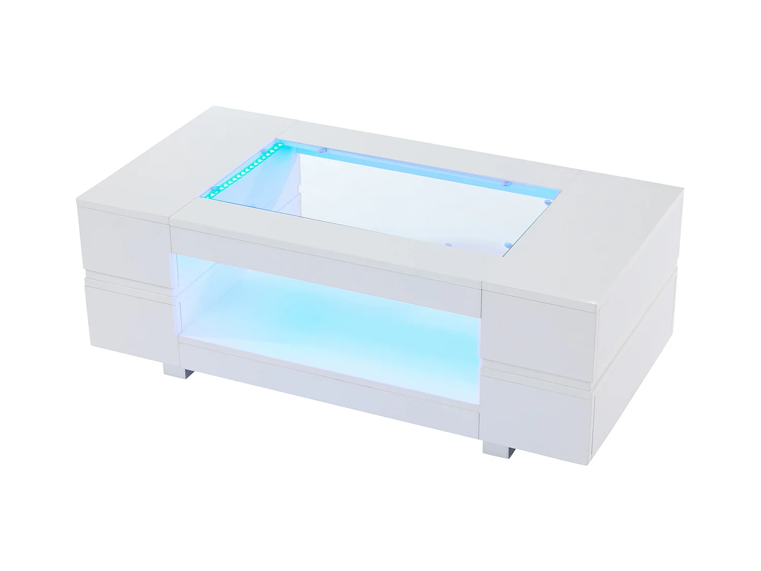 Table basse 100x50x35cm - avec éclairage LED - nombreux rangements - blanc