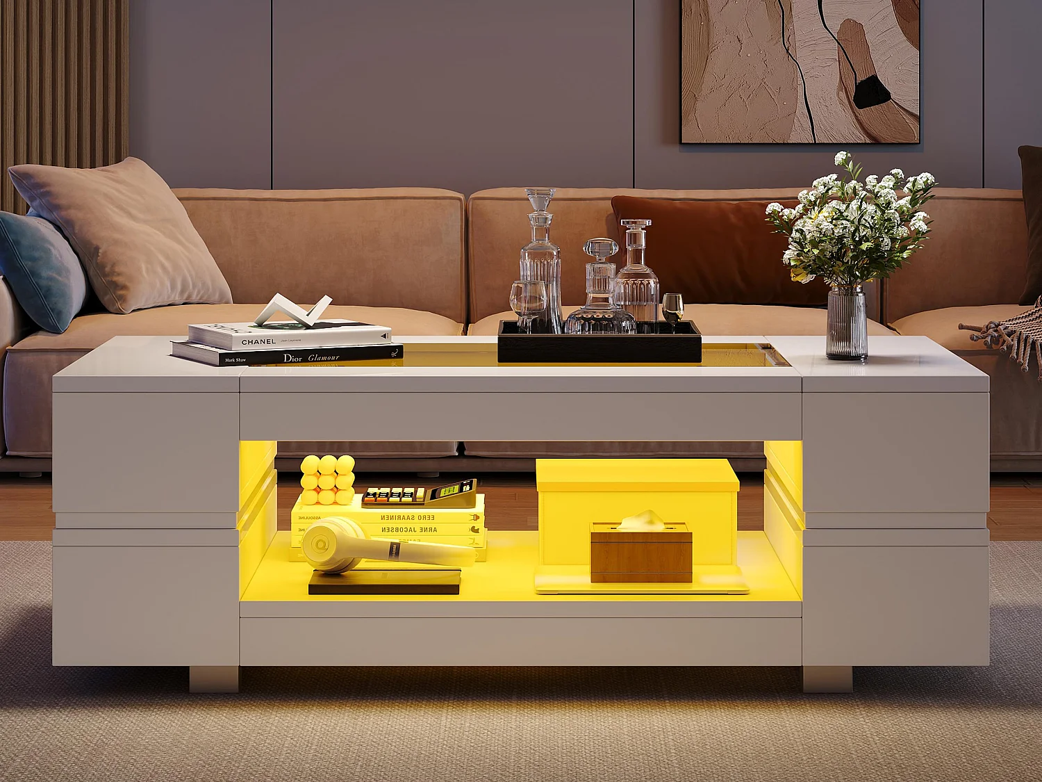 Table basse 100x50x35cm - avec éclairage LED - nombreux rangements - blanc