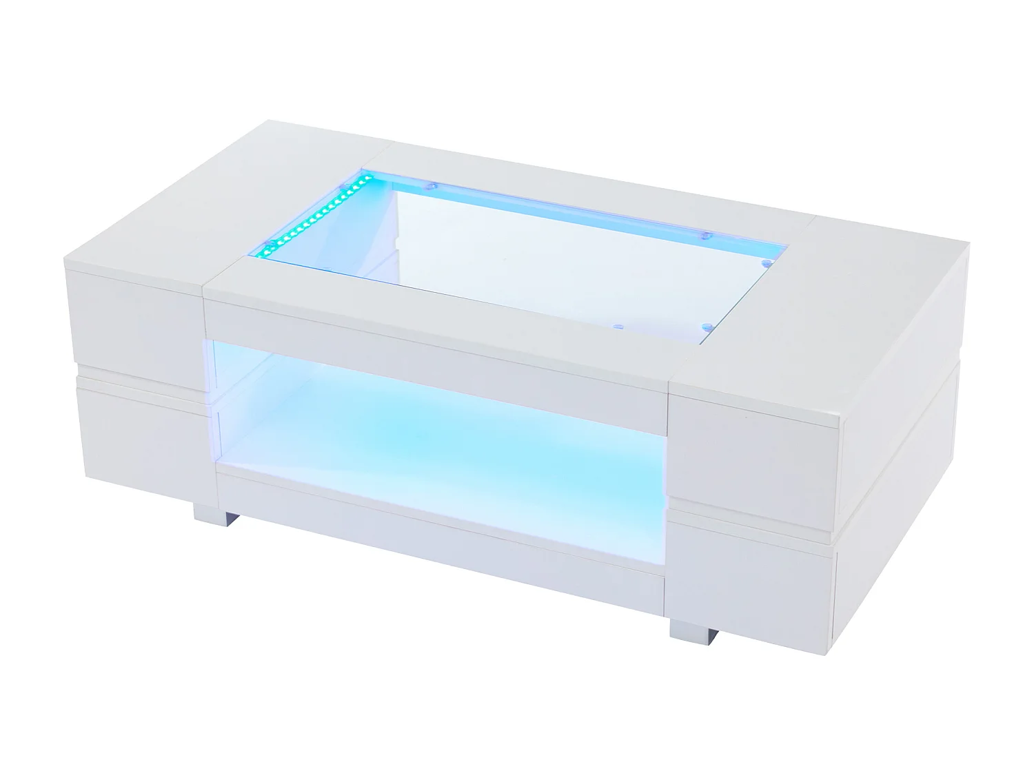 Table basse 100x50x35cm - avec éclairage LED - nombreux rangements - blanc