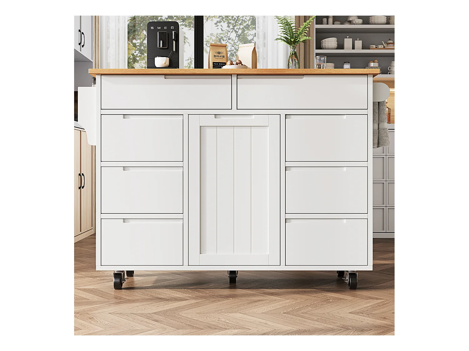 Ilha de cozinha central móvel - Tampos extensíveis - 8 gavetas e 1 porta - Com prateleira para temperos - MDF - Branco