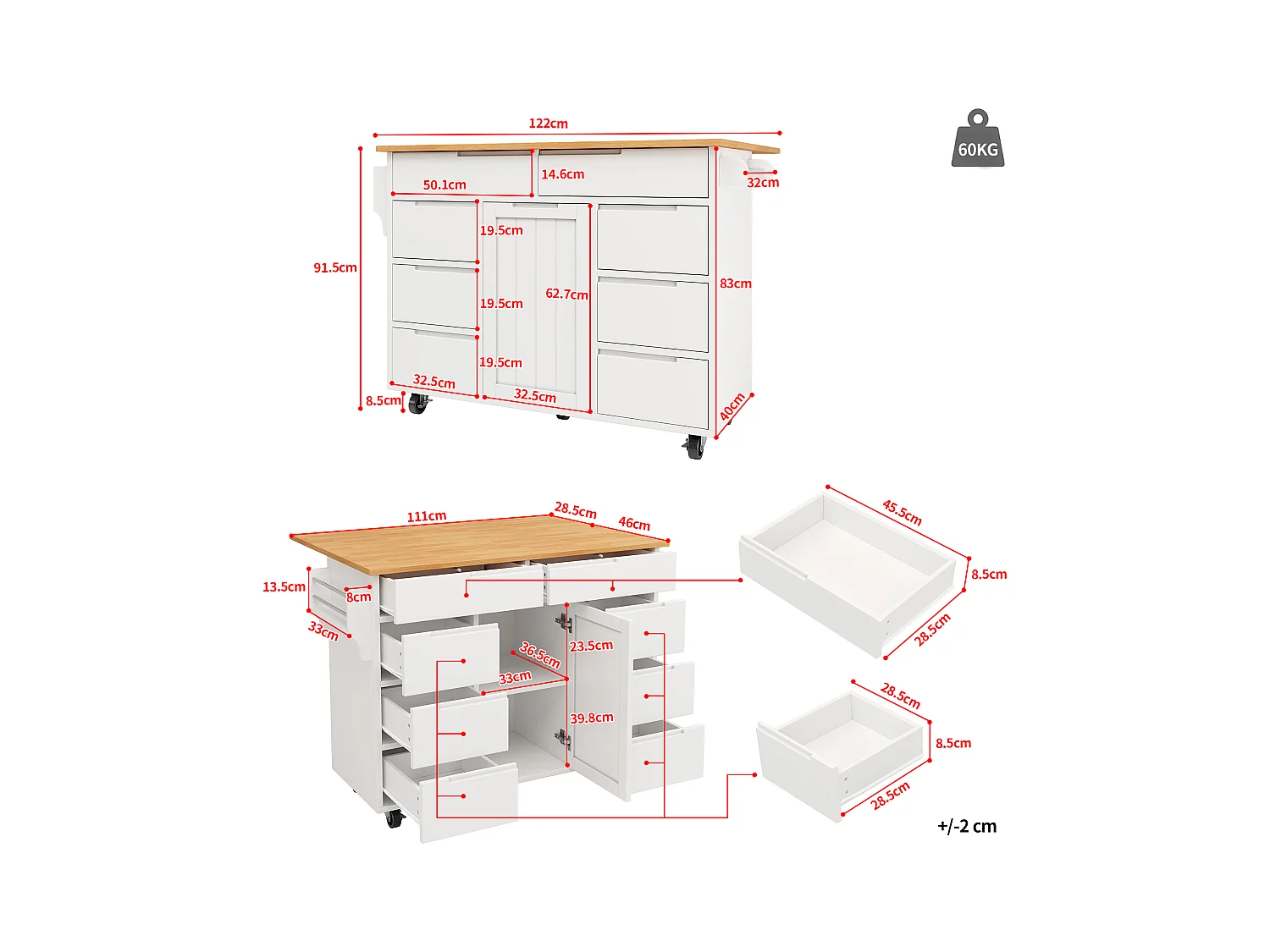 Ilha de cozinha central móvel - Tampos extensíveis - 8 gavetas e 1 porta - Com prateleira para temperos - MDF - Branco