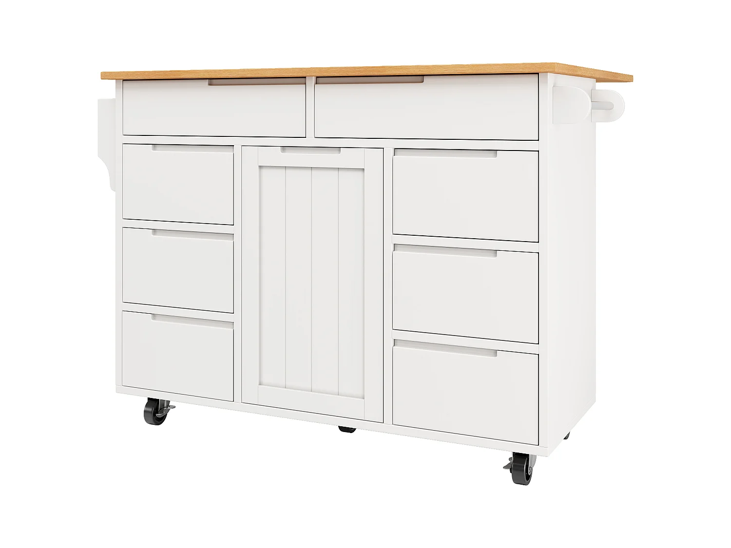 Ilha de cozinha central móvel - Tampos extensíveis - 8 gavetas e 1 porta - Com prateleira para temperos - MDF - Branco