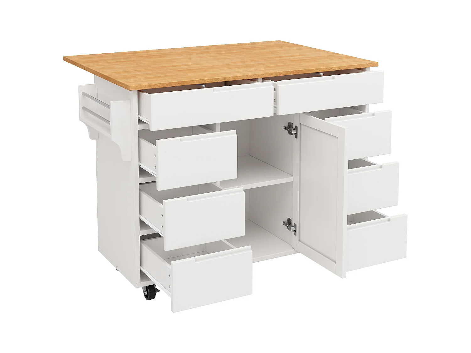 Ilha de cozinha central móvel - Tampos extensíveis - 8 gavetas e 1 porta - Com prateleira para temperos - MDF - Branco