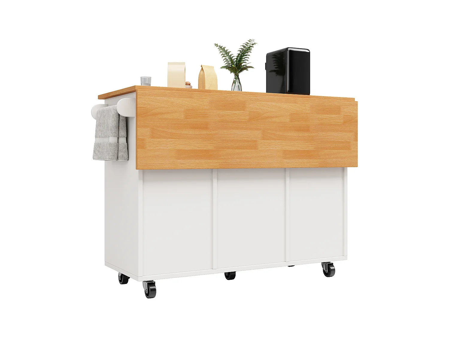 Ilha de cozinha central móvel - Tampos extensíveis - 8 gavetas e 1 porta - Com prateleira para temperos - MDF - Branco