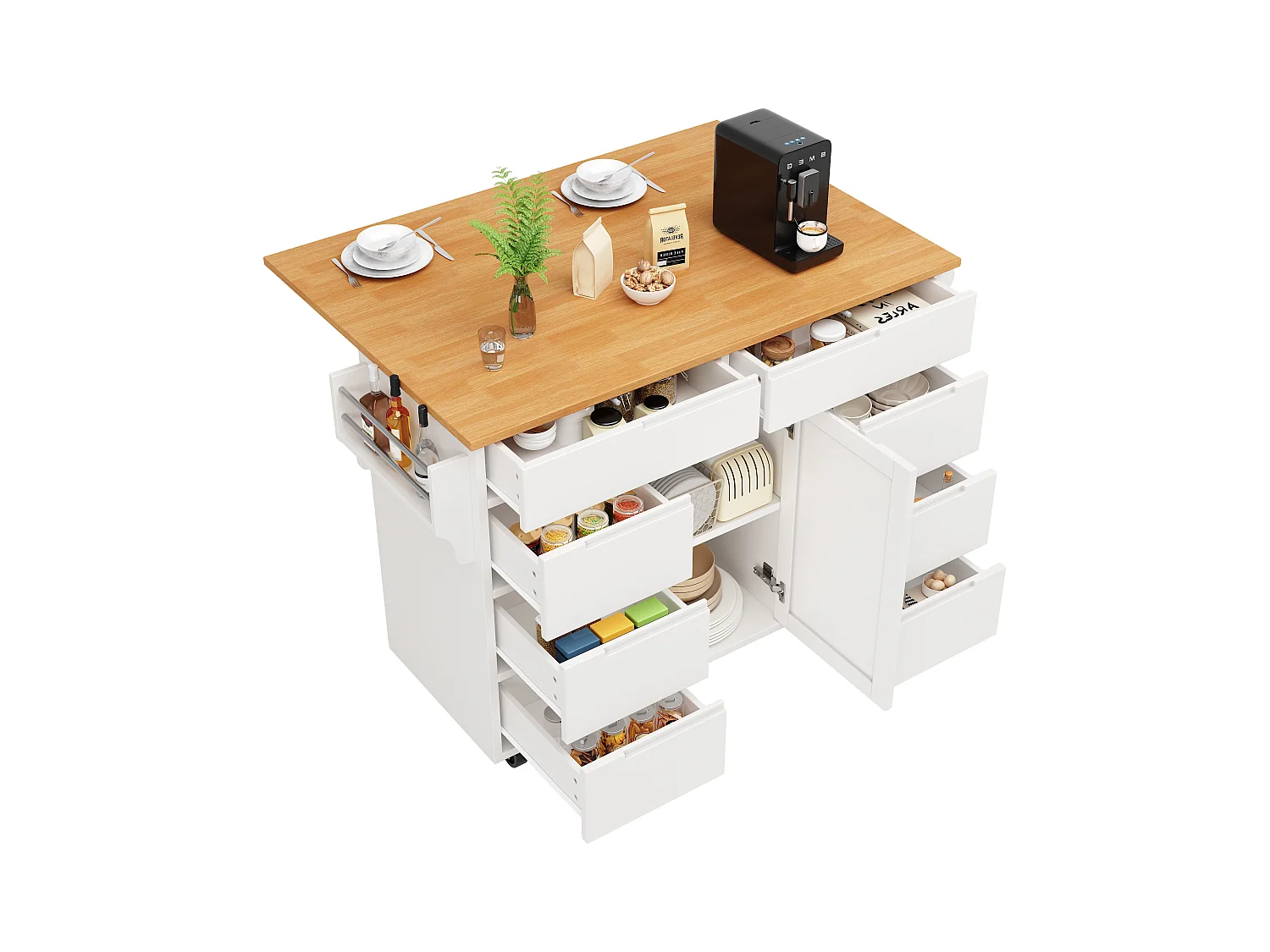 Ilha de cozinha central móvel - Tampos extensíveis - 8 gavetas e 1 porta - Com prateleira para temperos - MDF - Branco