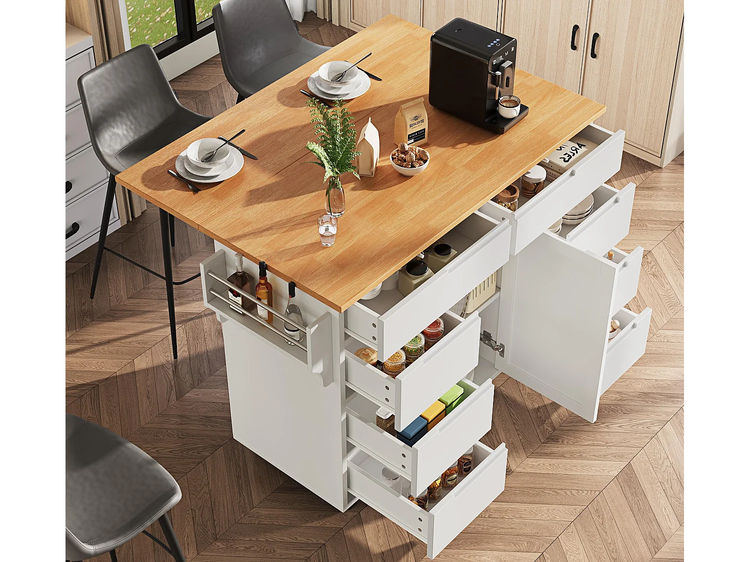 Isola cucina centrale mobile - Piano estraibile - 8 cassetti e 1 anta - Con scaffale per spezie - MDF - Bianco