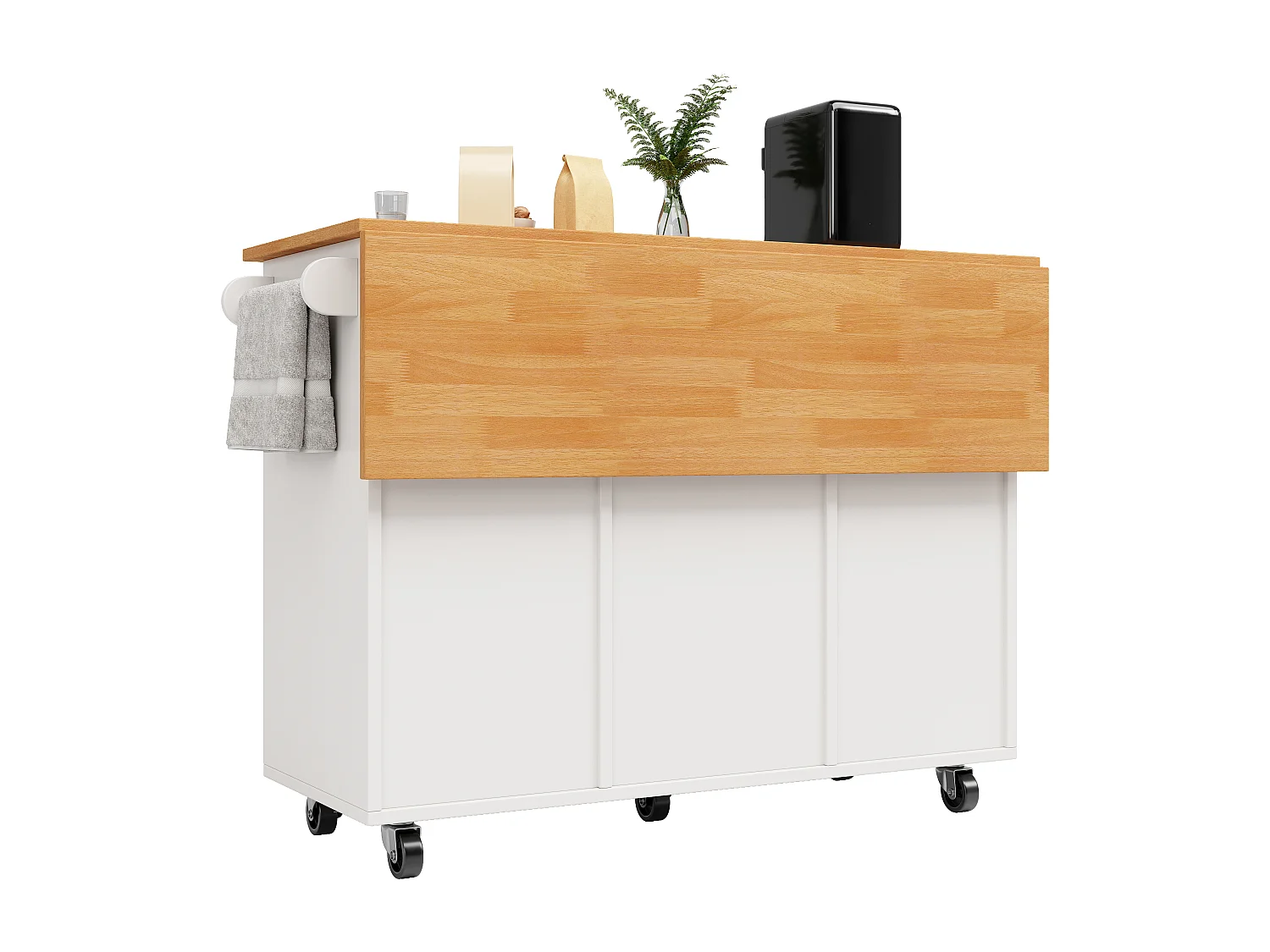 Isola cucina centrale mobile - Piano estraibile - 8 cassetti e 1 anta - Con scaffale per spezie - MDF - Bianco