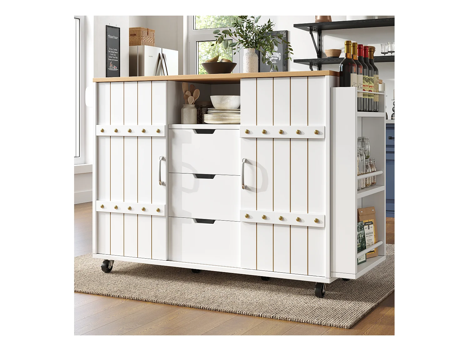 Isla de cocina central móvil - Tablero extensible - 3 cajones - Con estante para especias y toallero - MDF - blanco