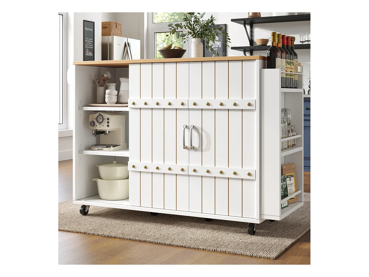 Isla de cocina central móvil - Tablero extensible - 3 cajones - Con estante para especias y toallero - MDF - blanco