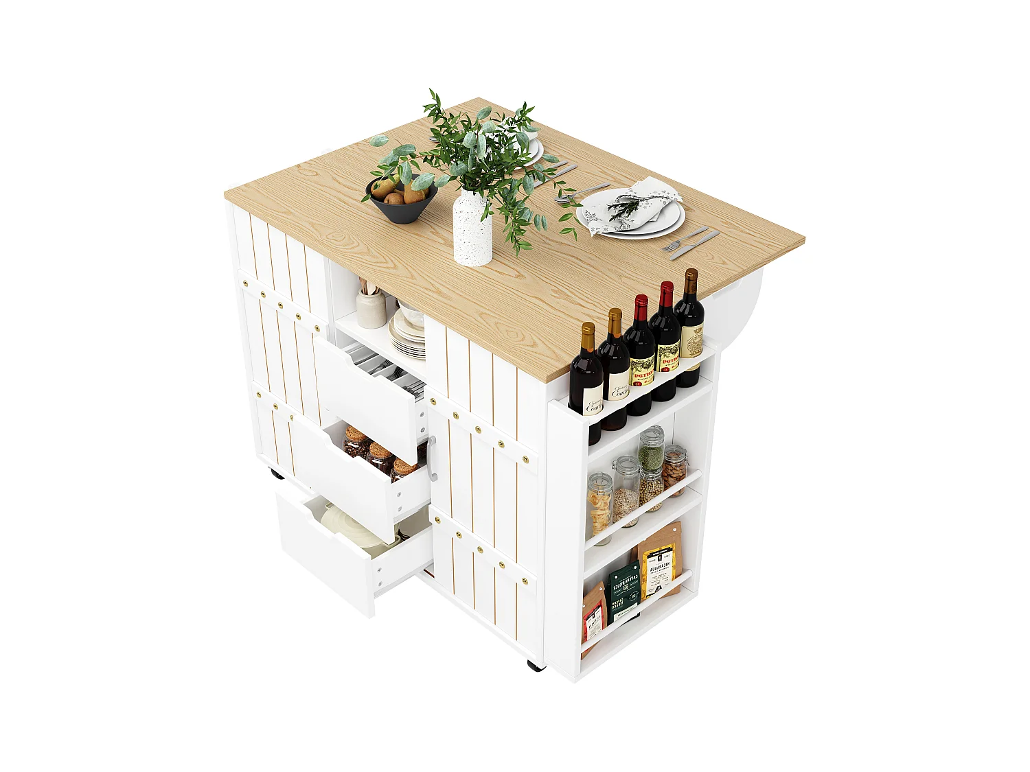 Isla de cocina central móvil - Tablero extensible - 3 cajones - Con estante para especias y toallero - MDF - blanco