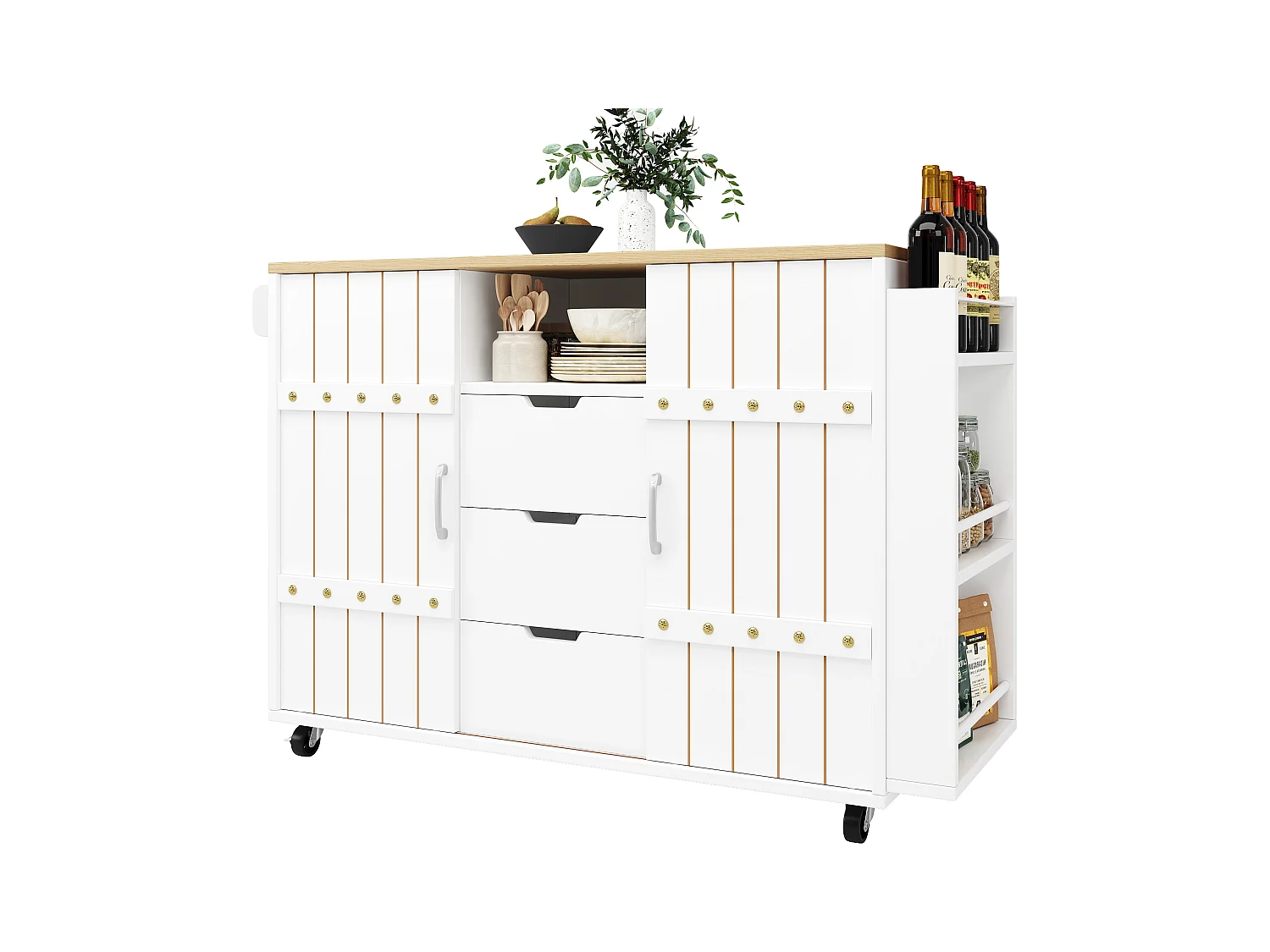 Isla de cocina central móvil - Tablero extensible - 3 cajones - Con estante para especias y toallero - MDF - blanco